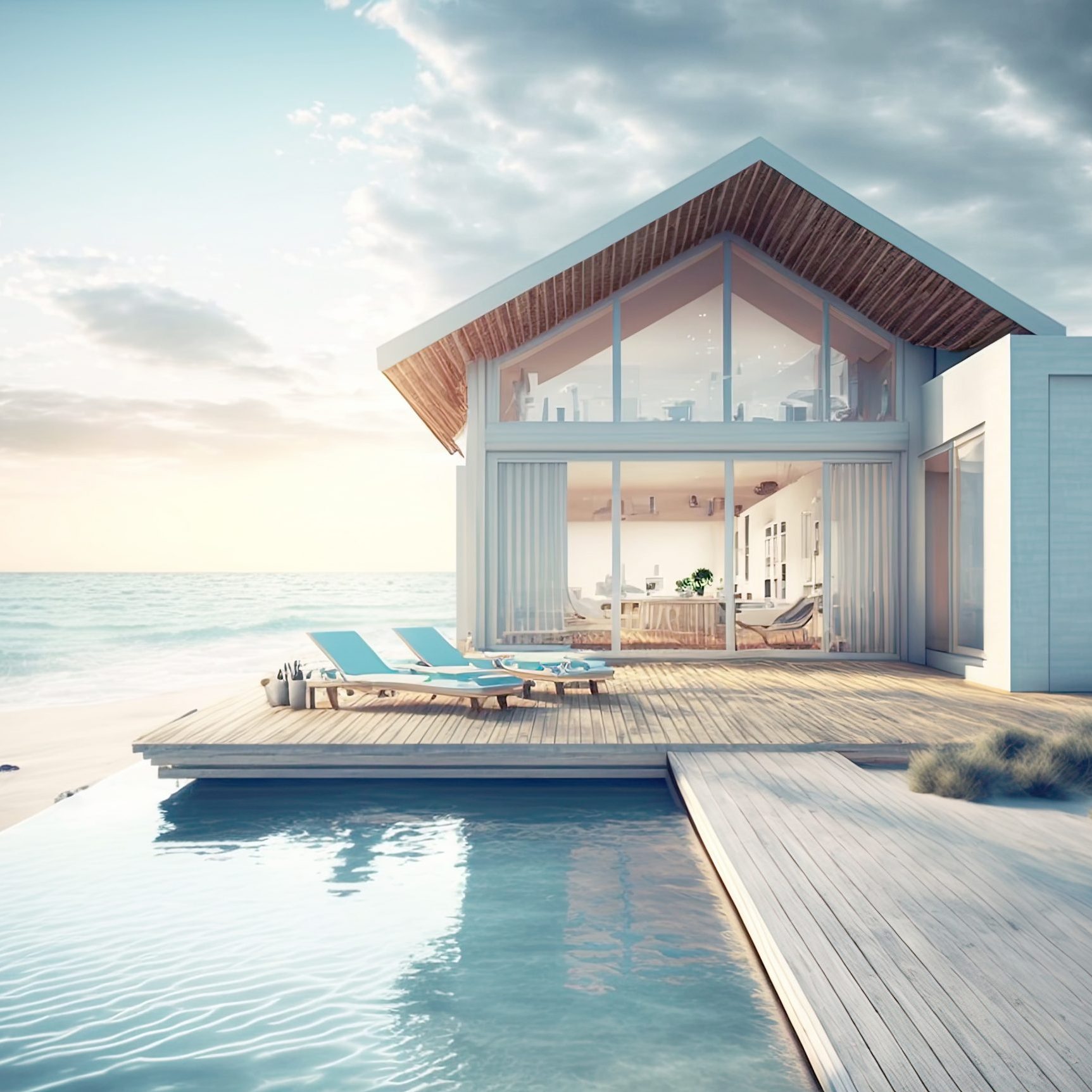 the ocean. for a holiday home or hotel, a luxury contemporary beach house with a pool and sun loungers is available. generative ai